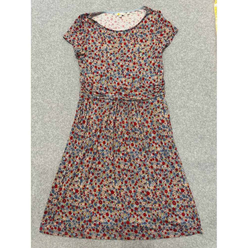 Boden Womens Floral Jersey Dress Short Sleeve Red Blue Pockets US 12R Casual